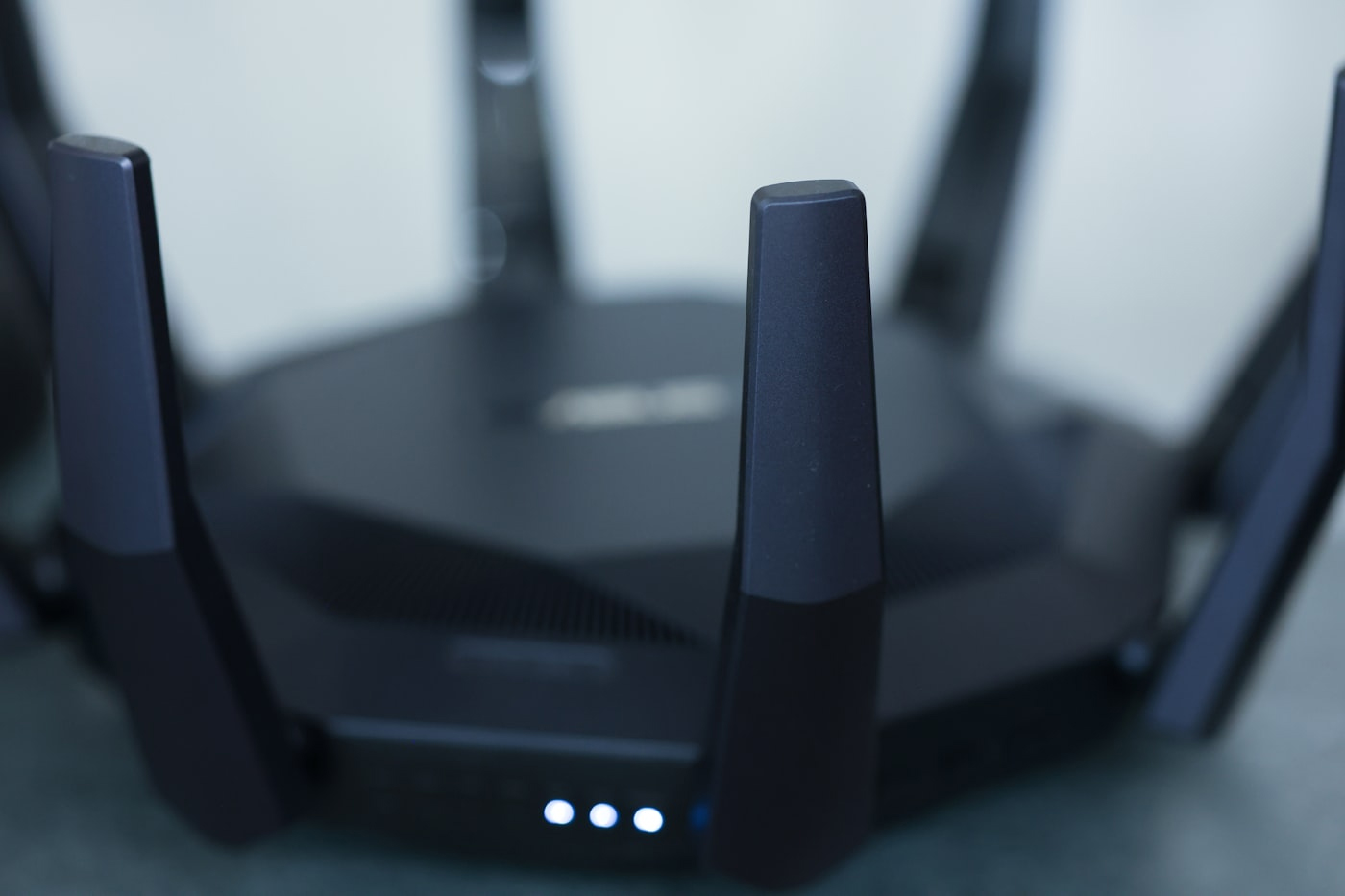 Close-up of networking equipment with status lights